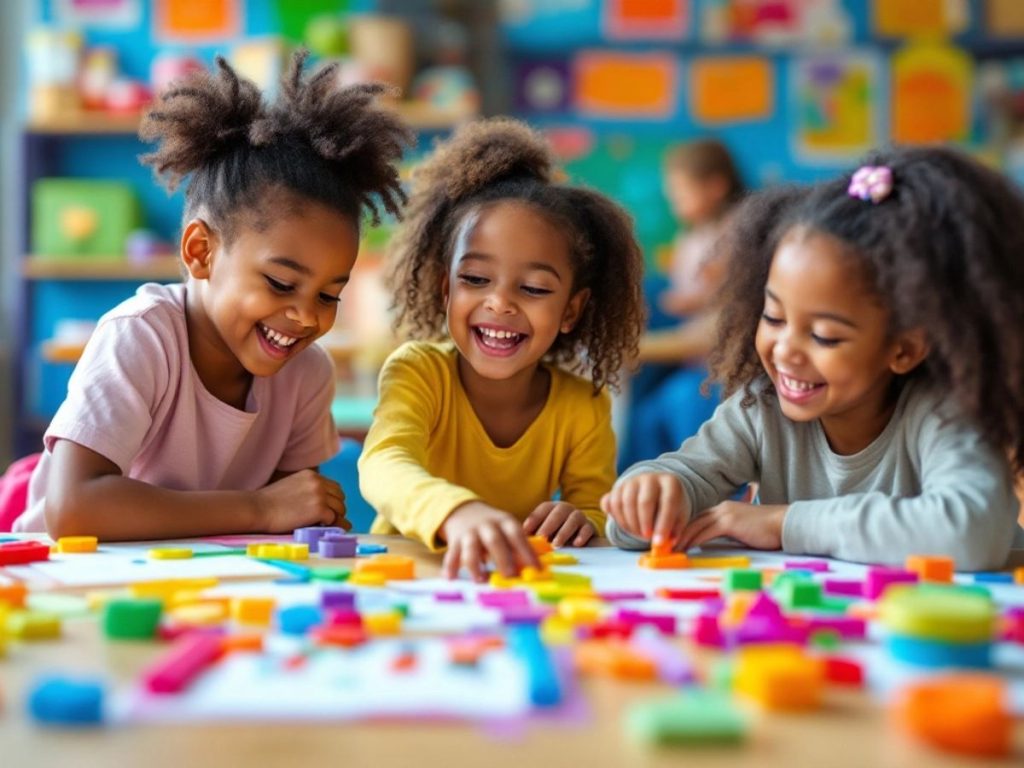 Copii jucându-se jocuri educative într-o clasă vibrantă.