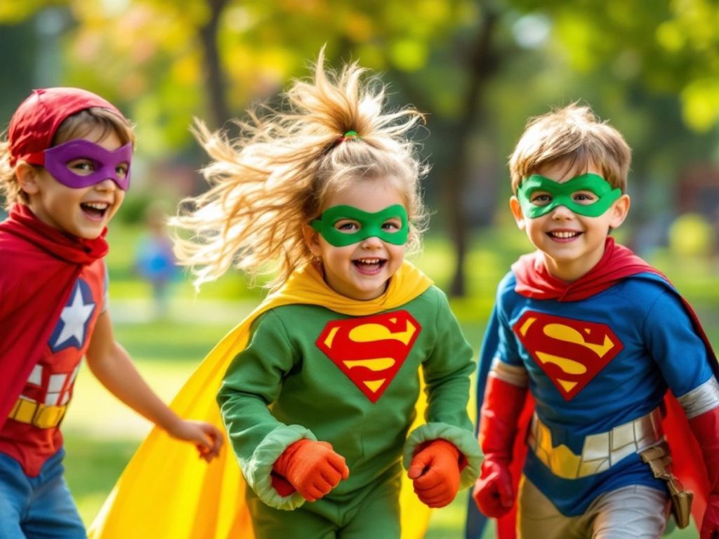 Copii îmbrăcați în costume de supereroi, jucându-se.
