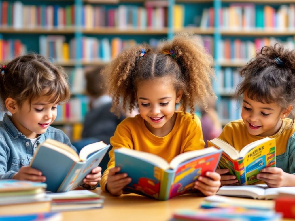 Copii citind cărți într-o bibliotecă plină de culori.