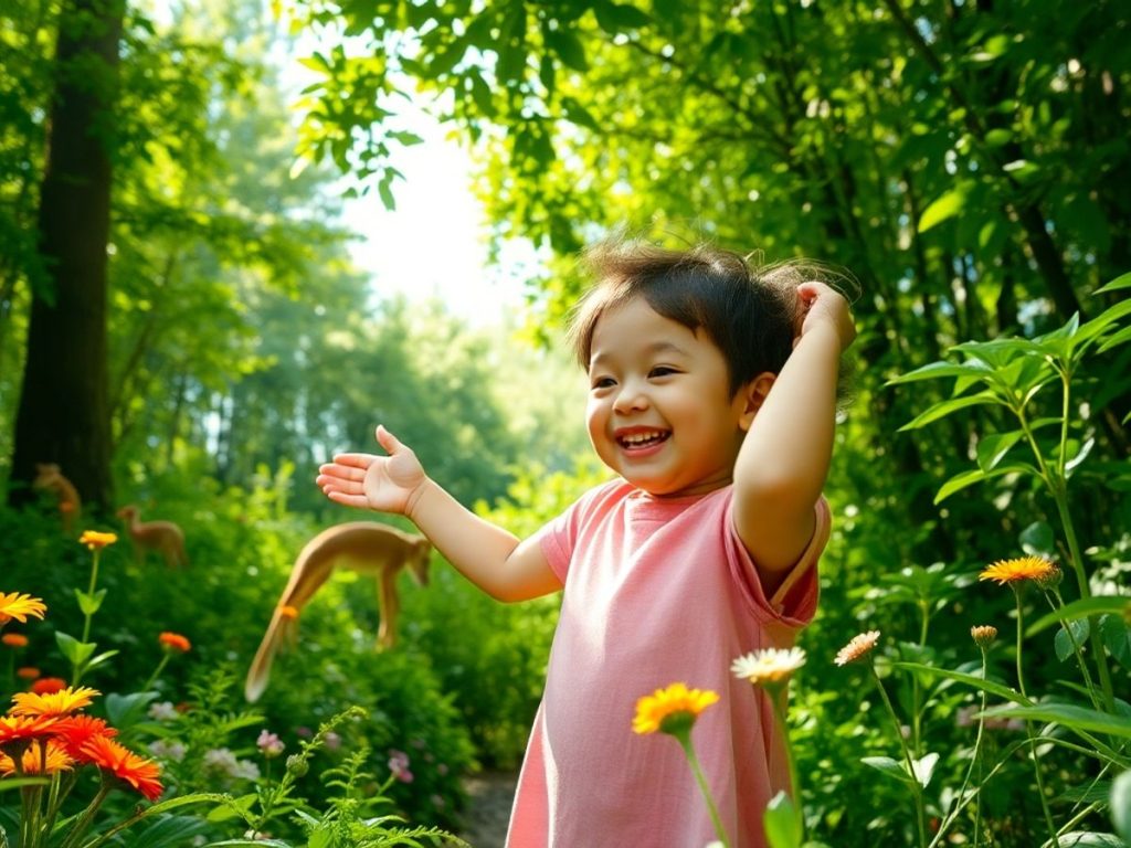 Copil explorând natura într-o pădure verde.