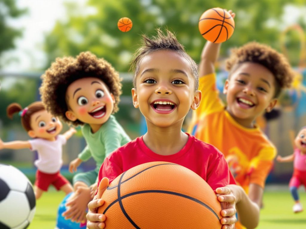 Copii jucându-se sporturi diverse în aer liber.