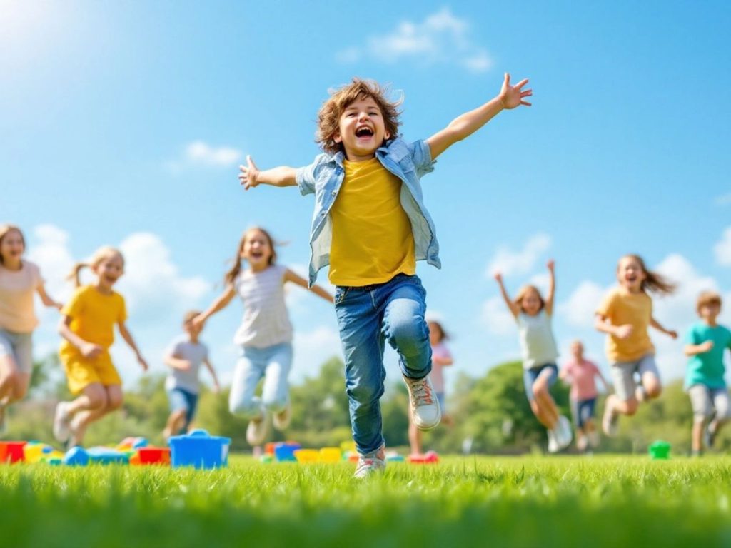 Copii fericiți jucându-se în aer liber.