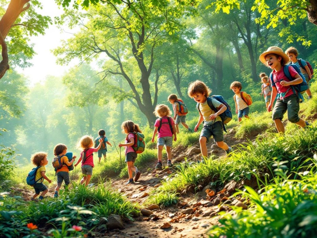 Copii explorând natura, bucurându-se de aventuri în aer liber.
