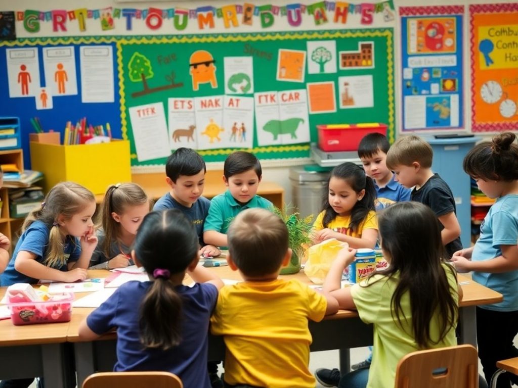 Copii colaborează la un proiect comunitar în clasă.