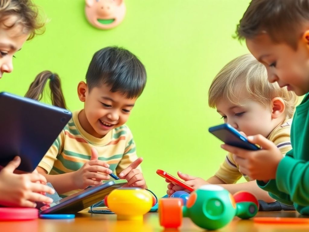 Copii folosind gadget-uri educaționale într-un mediu jucăuș.