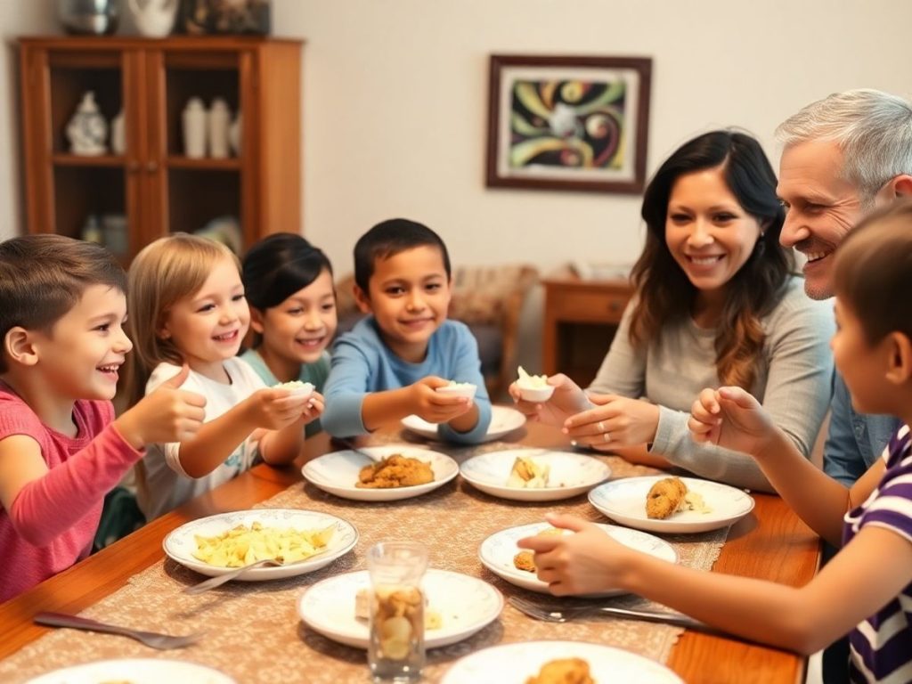Familie fericită la masă, practicând bune maniere.