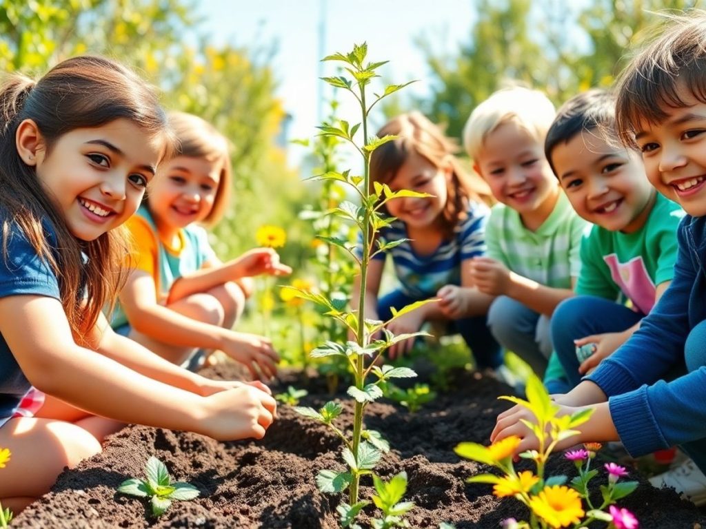 Copii plantează copaci în natură.
