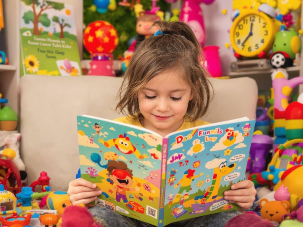 Copil citind o carte plină de culori.