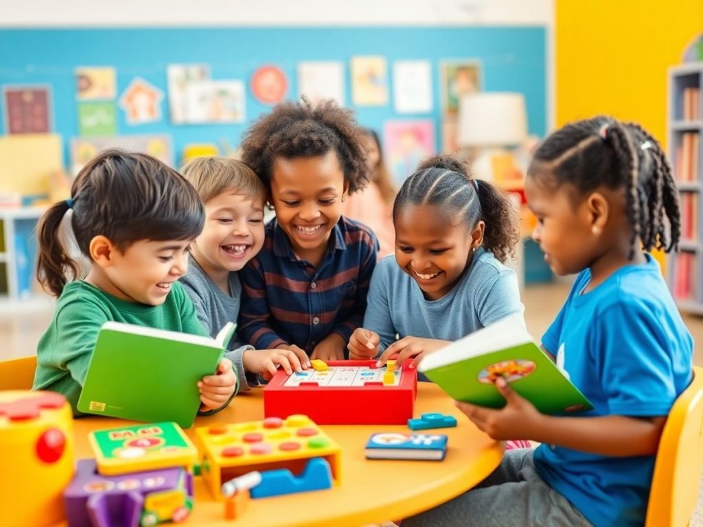 Copii jucându-se cu jocuri educative colorate.