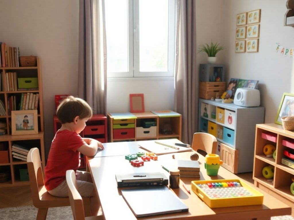 Un copil învățând într-un spațiu educativ acasă.