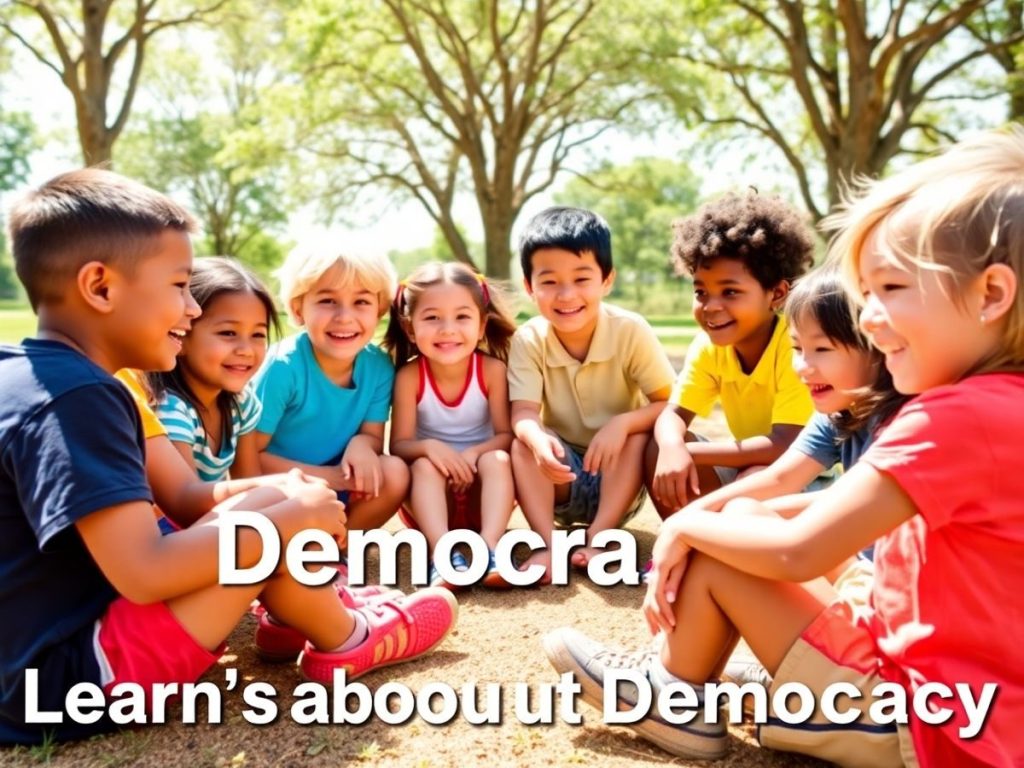 Copii discutând despre democrație într-un parc luminos.