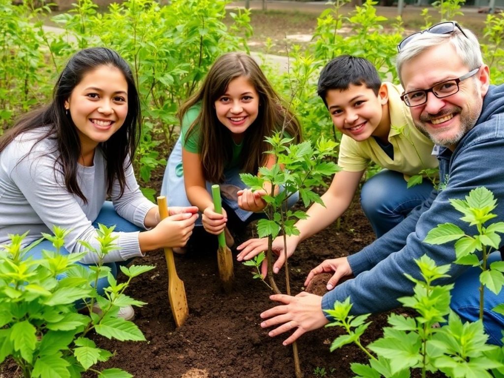 Familie plantând copaci în grădina comunității.