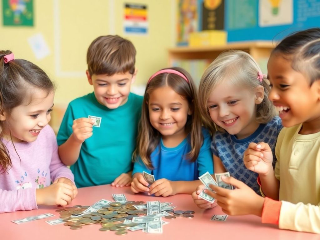Copii învățând despre gestionarea banilor prin jocuri.