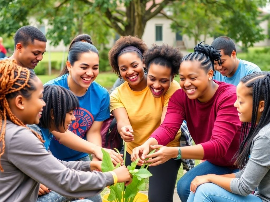 Grup divers de oameni lucrând împreună în aer liber.