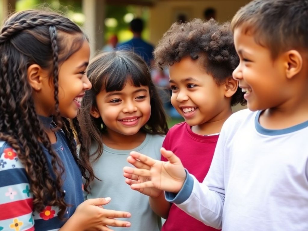 Copii discutând cu respect și bucurie în aer liber.