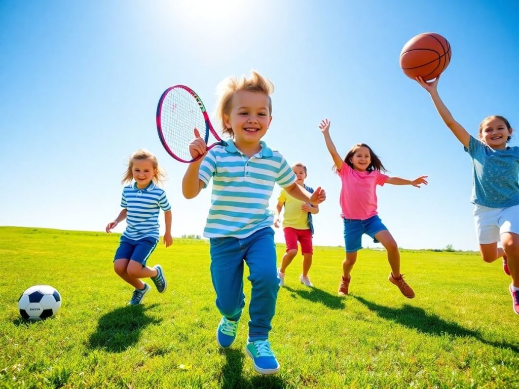 Copii sportivi zâmbitori, jucându-se afară, energie, bucurie, sănătate.