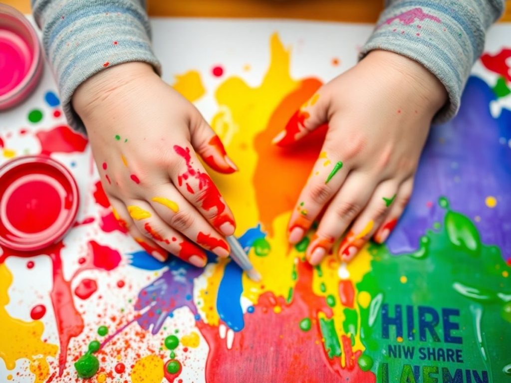 Copii pictând vesel, stimulând creativitatea.