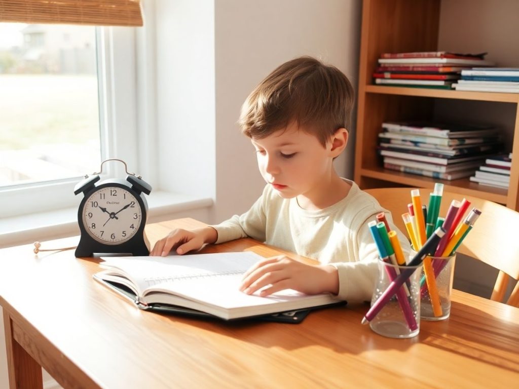 Copil la birou, organizându-și eficient timpul cu ceas și planificator.