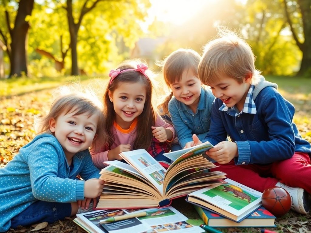 Copii zâmbind învățând în aer liber