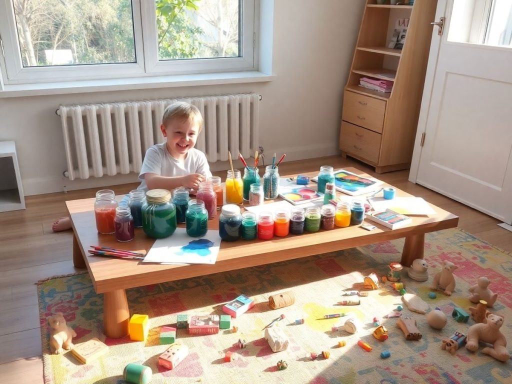 Copil zâmbitor și adult pictând cu acuarele și jucării creative