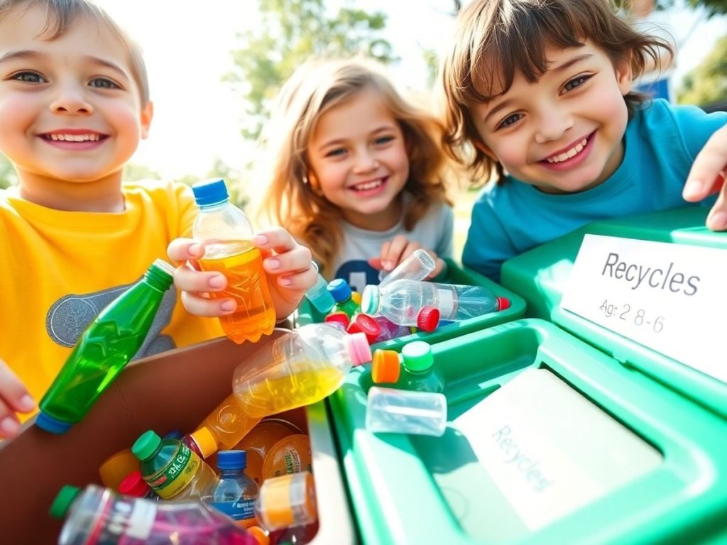 Copii zâmbitori reciclează plastic și hârtie colorată.