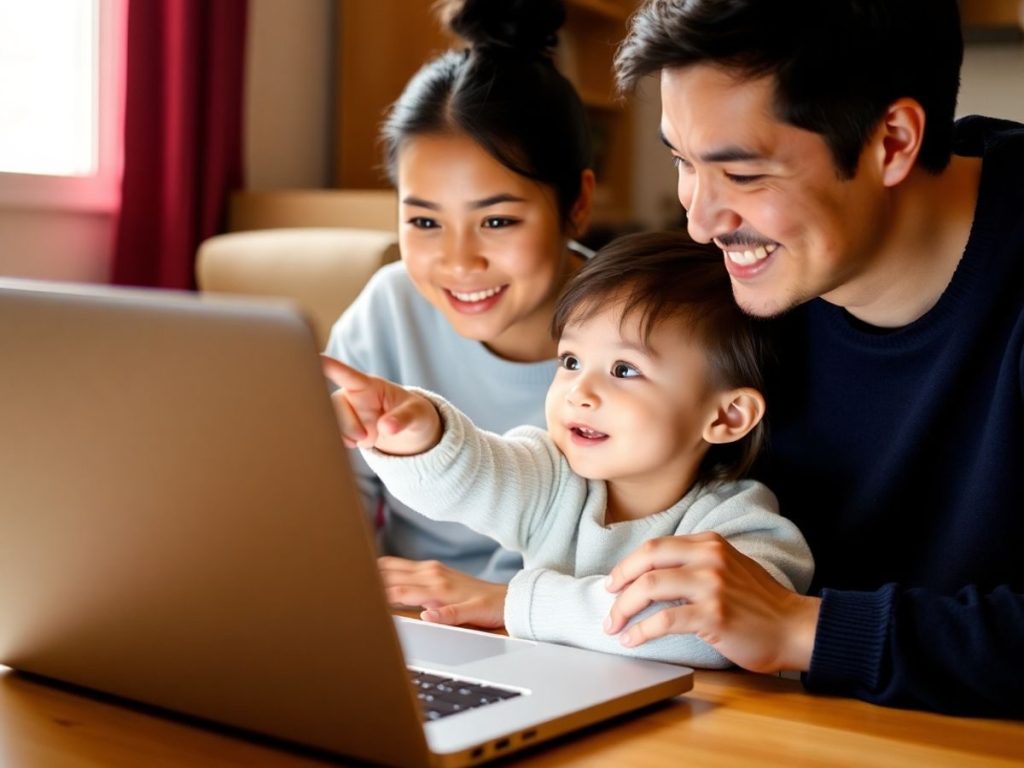Părinți și copil interacționând pe un laptop.