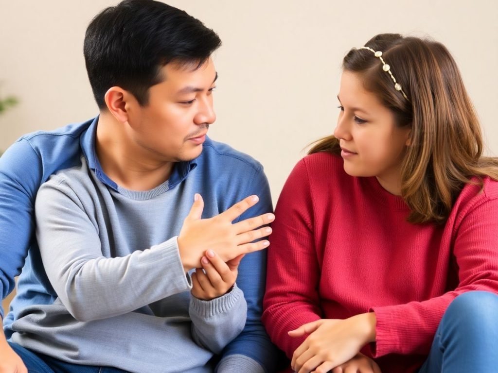 Părinte și copil discutând calm