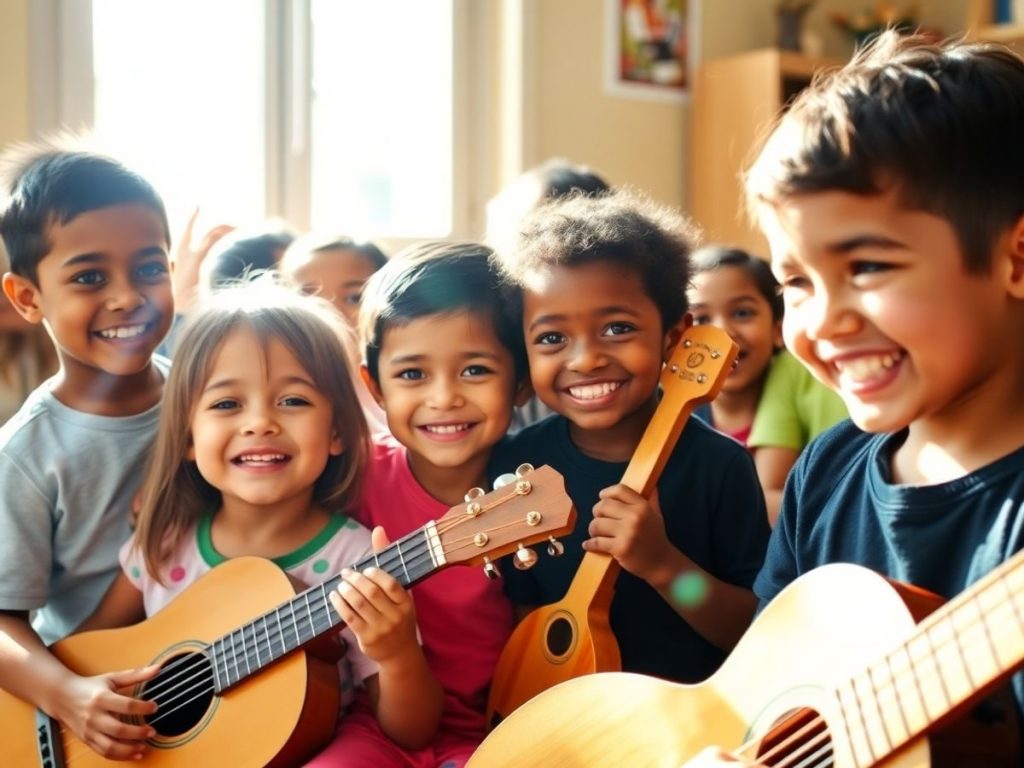 Copii ascultând muzică cu căști, zâmbind.