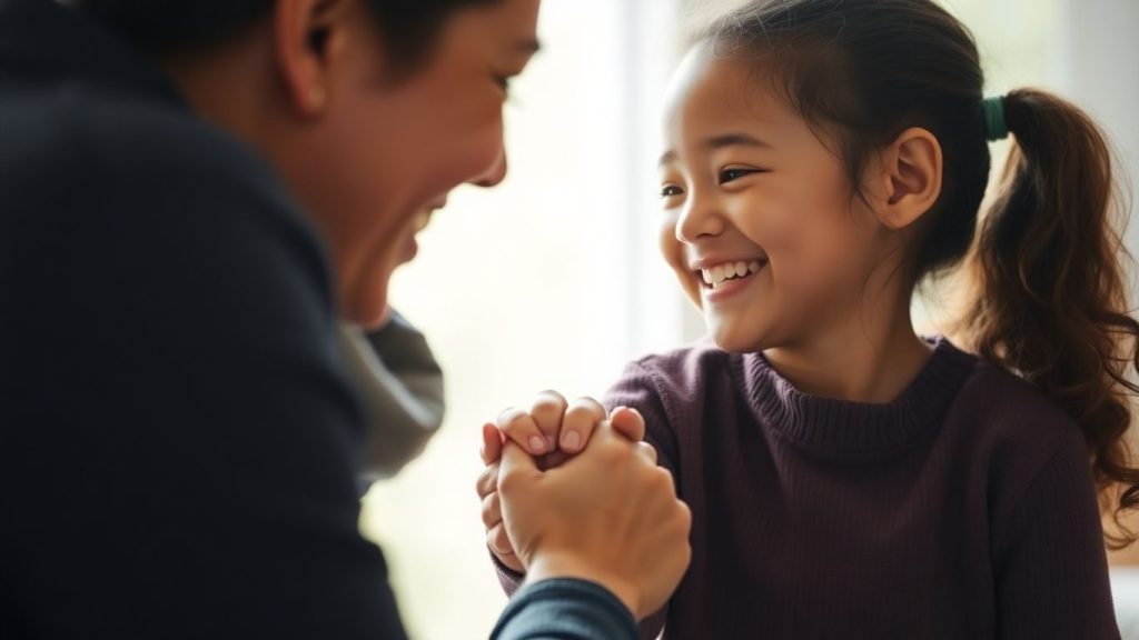 Părinte și copil zâmbind împreună.