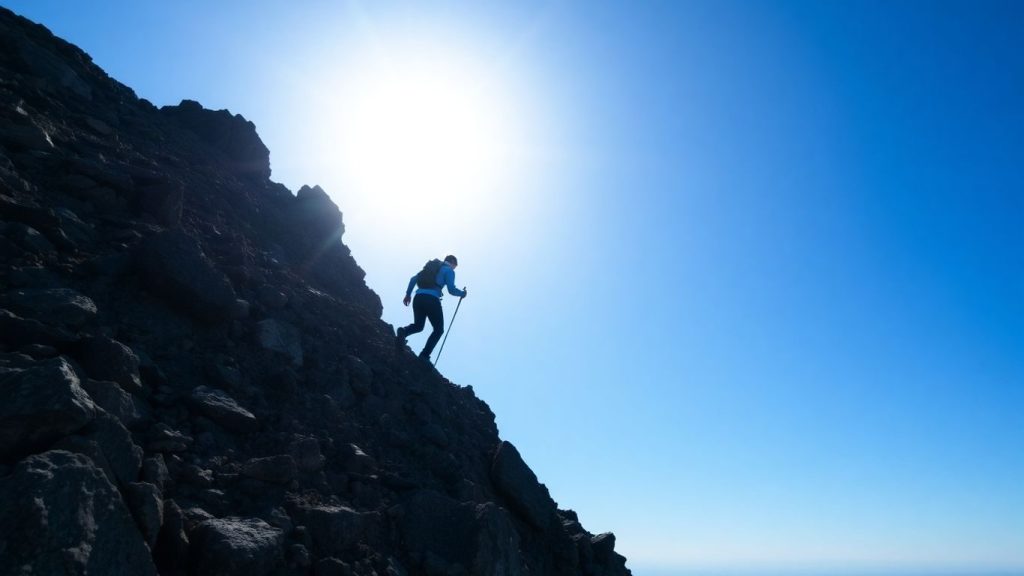 Drum montan abrupt spre vârf însorit, simbolizând curajul.