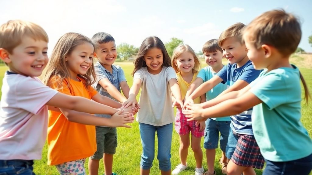 Copii jucându-se împreună în cerc pe iarbă verde.